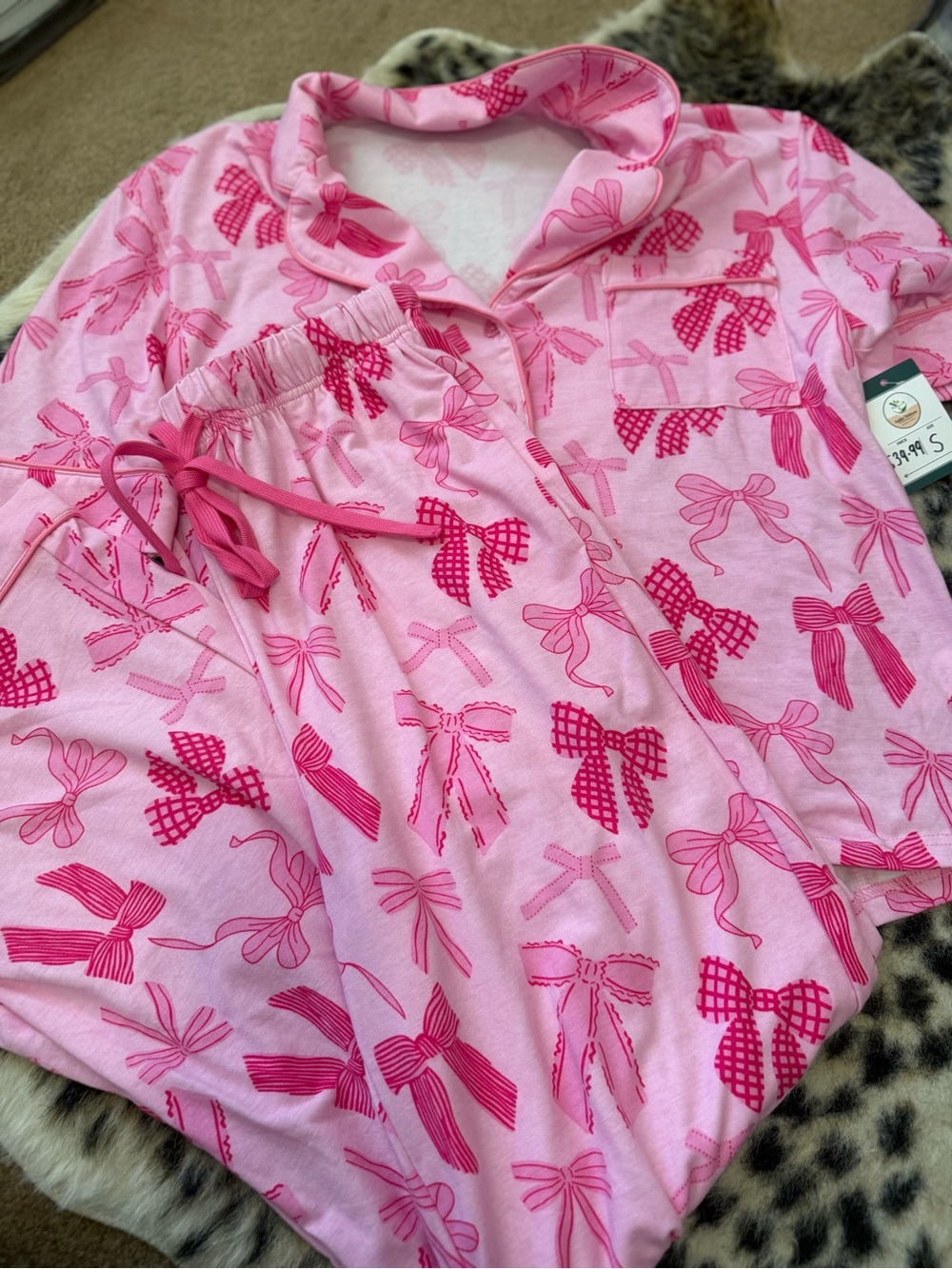 Women's Pink Bow-Print Pajama Set - Soft Long-Sleeve Top & Drawstring Pants